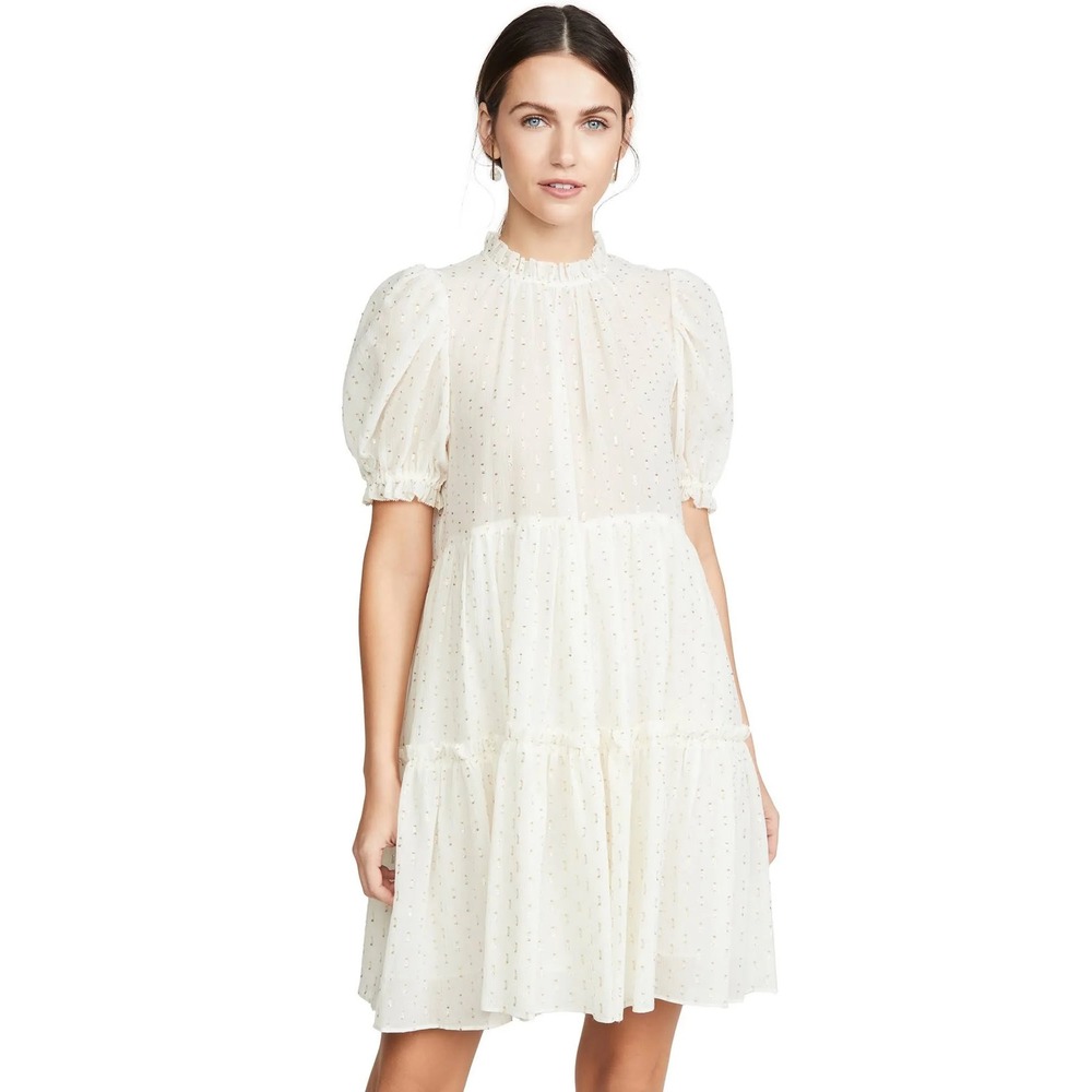 NWT Ulla Johnson‎ Dhalia Dress Sz 4 Blanc White Metallic Gold Silk Cotton Tiered